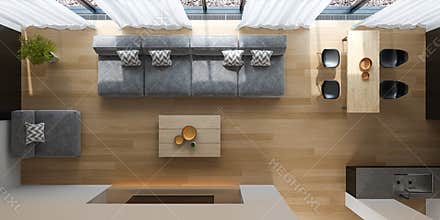 Interior of modern living room top view 3D rendering