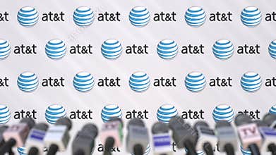 Media event of ATT, press wall with logo and microphones, editorial animation