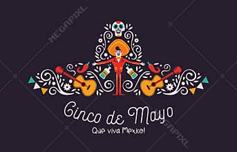 Cinco de Mayo mariachi hat card with culture icons