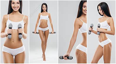 Sporty, fit and healthy female body in fitness collage. Young women in swimsuits isolated on white.