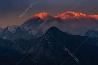 Sunset at Everest mountain peak highest peak in the world, Himalayas range, Nepal