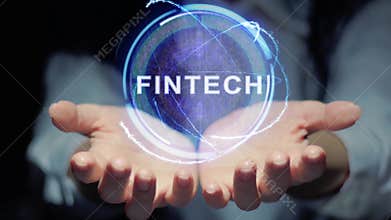 Hands show round hologram Fintech