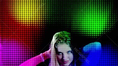 Disco lights and led light stage screen with dancing woman