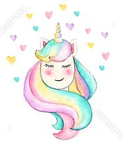 Unicorn. Beautiful watercolor unicorn illustration. Magic trendy cartoon horse perfect for nursery print and poster design.