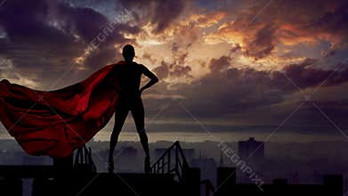 Portrait of young hero woman with super person red cape guard city