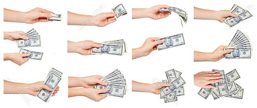 Hand with paper US dollars, American cash, set and collection