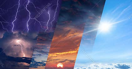Weather forecast concept, collage of variety weather conditions