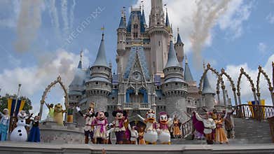 Mickey`s Royal Friendship Faire and fireworks on Cinderella Castle in Magic Kingdom at Walt Disney World Resort  .