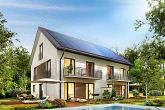 Country house with solar panels on the roof and a terrace and swimming pool
