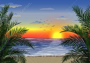 Exotic tropical  landscape with  palms. Palm trees at sunset or moonlight. Seascape. Tourism and travelling.