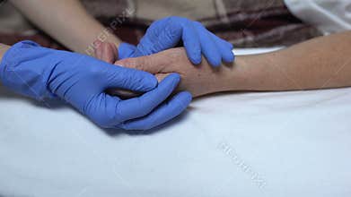 Nurse supporting and calming down patient before procedure caring hospital staff