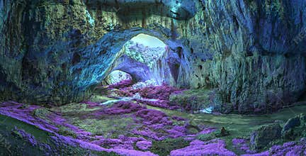 Mystical cave in bright fantastic colors