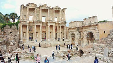 Celsus Library in Ephesus Efes. Ancient Greek city Izmir, Turkey. Panoramic shot