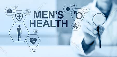 Mens Health banner, medical and health care concept on screen. Doctor with stethoscope.