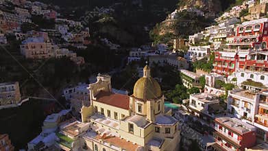 aerial view of Positano catholic church, beautiful Mediterranean village on Amalfi Coast Costiera Amalfitana, best place in Ital