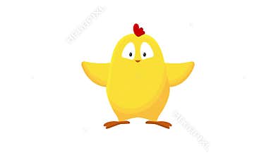 Cute little yellow chicken seamless cartoon animation. Easter chick stands and waves his wings trying to fly