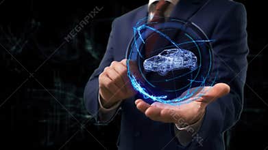 Businessman shows concept hologram 3d family car on his hand