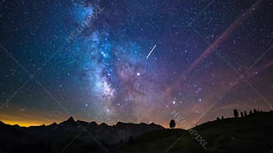 Astro time lapse milky way and stars rotating over the majestic Italian French Alps in summertime. Sliding version.