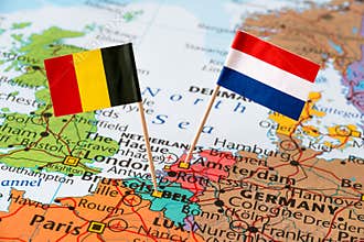Belgium and Netherlands flags on map