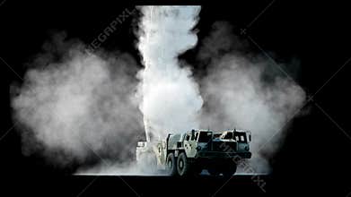 Nuclear ballistic rocket, complex. Launch rocket, dust. Isolate. Realistic 4k animation.