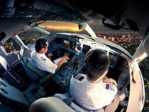 Cockpit of modern passenger jet aircraft.