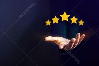 Customer Experience Concept, Best Excellent Services for Satisfaction present by Opened Hand of Client giving a Five Star Rating