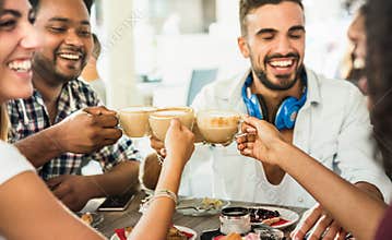 Friends group drinking latte at coffee bar restaurant - People t