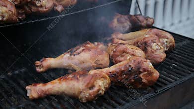 Grill, Frying Chicken Barbecue, BBQ, Barbecue, seafood. Closeup