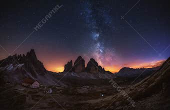Tre Cime di Lavaredo at night in the Dolomites in Italy, Europe