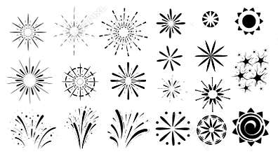 Fireworks set of black icon different types of explosion isolated on white background website page and mobile app design