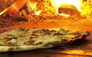 Italian pizza in a wood burning oven