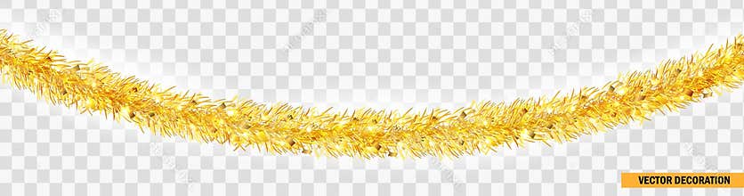 Detailed wide golden christmas garland. Xmas tinsel border . Vector decoration for holiday design, website