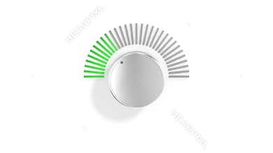 Chrome Volume Knob Turning Up with Spectrum LED Light Meter over White. 3D Illustration.