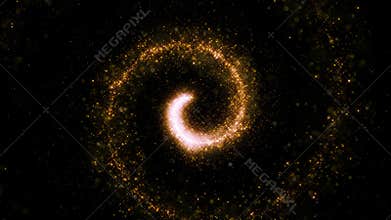 Gold glittering star dust twisted spiral of trail sparkling particles on black background. Space comet tail. Magic golden flying