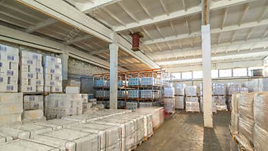 Logistic, storage, shipment, industry and manufacturing concept timelapse hyperlapse - forklift loader and cargo boxes