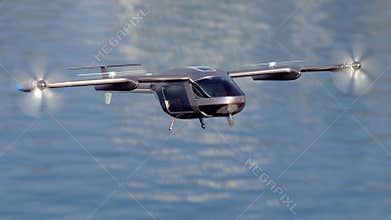 Flying Taxi Drone landing with the city skyline in the background, 4k