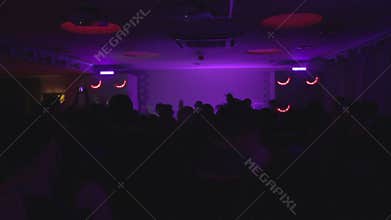 Silhouettes of many people clubbing, guys having fun at party