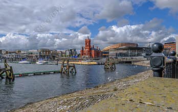 View of Cardiff Bay area with famous buildings, Pierhead and Sin