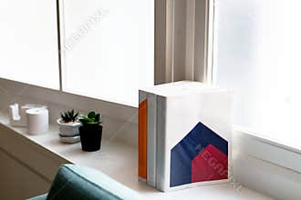 House decoration with books and plant pots