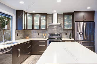 Updated contemporary kitchen room interior in white and dark tones.