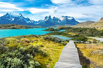Pehoe lake and Guernos mountains landscape, national park Torres del Paine, Patagonia, Chile, South America