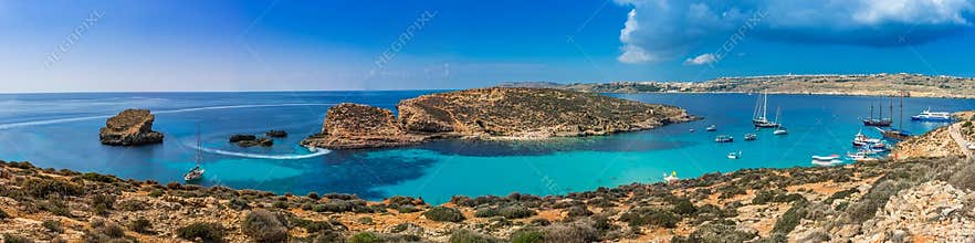 Comino, Malta - Panoramic skyline view of the famous and beautiful Blue Lagoon on the island of Comino