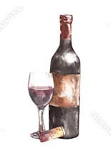 Composition with wine bottle, glass and cork. Isolated on white background. Hand drawn watercolor illustration.