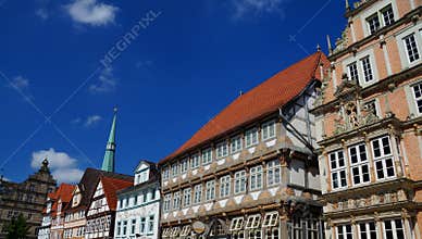 Historic Center of Hameln: colorful painted half-timbered and Renaissance style buildings.