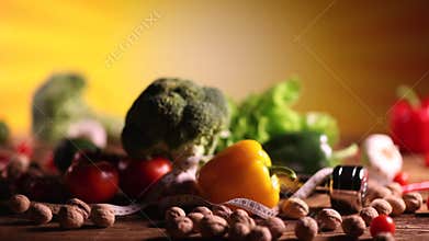 Healthy food, fitness concept. Dolly shot.