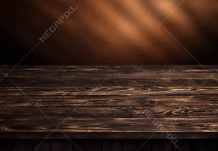 Dark wood table, brown wooden perspective interior