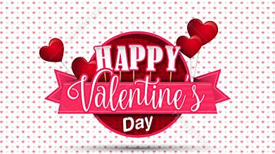Heart shaped pink balloons holding a circle sign with a pink ribbon with the message Happy Valentine`s Day on a white background