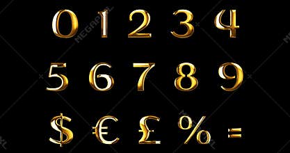 Vintage yellow gold metallic numeric letters word text series with dollar, percent, symbol sign on black background, concept