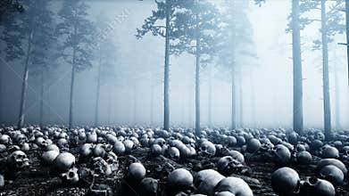 Scary old skulls in fog night forest. Fear and horror. Mistic and apocalypse concept. Realistic 4K animation.