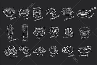 Vector set of hand drawn food and drinks on black chalkboard. Salad, soup, canned cucumbers, sweet desserts, fast food